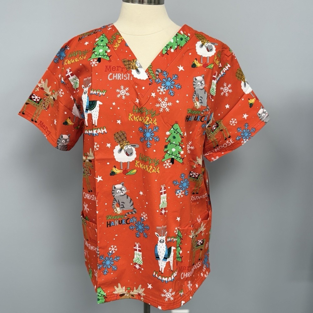 NWT Buttersoft All Holiday Scrub Top L Orange Cotton Scrubs Cat Moose Llama